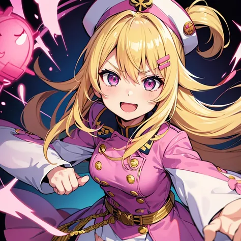 1 woman, waifu oppai, angry, smile challenging, long hair blonde with hair highlights pink, blue and pink eyes, gold and white militar clothes, kawaii, militar, with hat general, with a katana, sword
