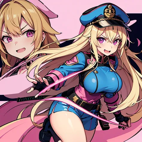 katana, 1 woman, waifu oppai, angry, smile challenging, long hair blonde with hair highlights pink, blue and pink eyes, gold and white militar clothes, kawaii, militar, with hat general, with a katana