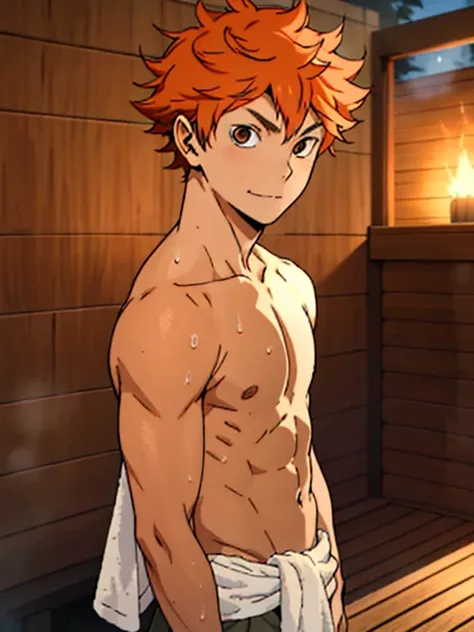 high res, masterpiece, shouyou hinata , orange hair, solo, 1boy, male, detailed eyes, teen boy, sauna , standing, wrapped in a t...