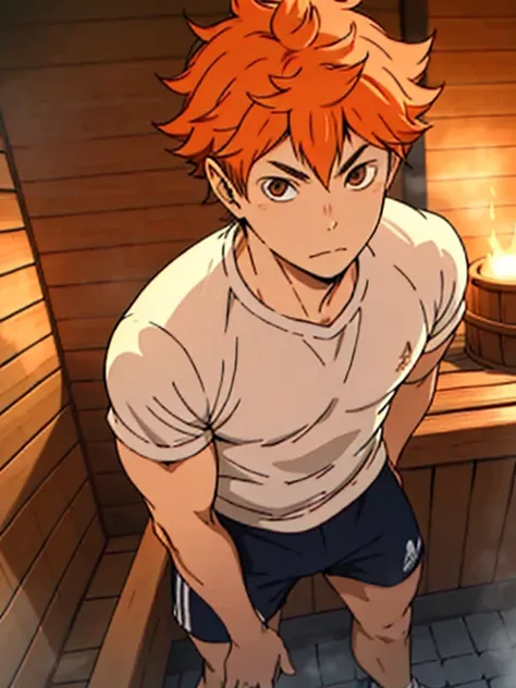 high res, masterpiece, Shouyou Hinata , orange hair, solo, 1boy, male, detailed eyes, teen boy, sauna , standing, wrapped in a towel