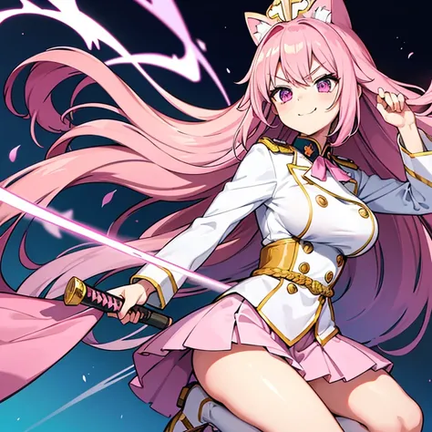  1 woman, waifu oppai, angry, smile challenging, long hair white with hair highlights pink, blue and pink eyes, gold and white militar clothes, kawaii, militar, with hat general, with a katana
