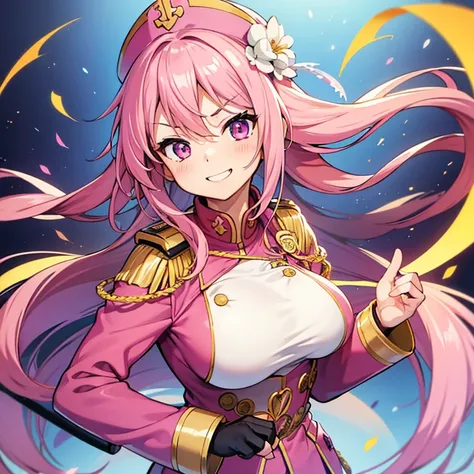  1 woman, waifu oppai, angry, smile challenging, long hair white with hair highlights pink, blue and pink eyes, gold and white militar clothes, kawaii, militar, with hat general, with a katana
