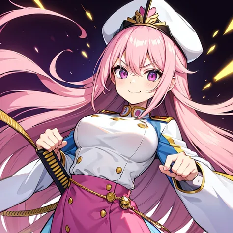  1 woman, waifu oppai, angry, smile challenging, long hair white with hair highlights pink, blue and pink eyes, gold and white militar clothes, kawaii, militar, with hat general, with a katana
