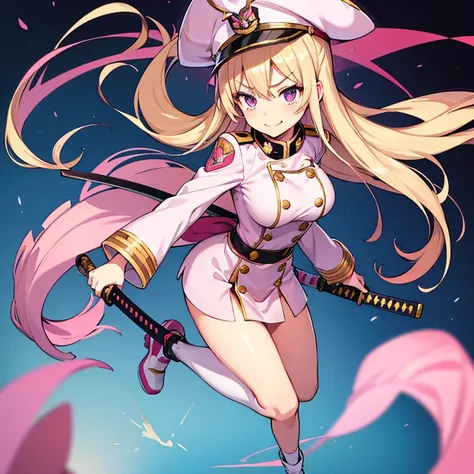 1 woman, waifu oppai, angry, smile challenging, long hair blonde with hair highlights pink, blue and pink eyes, gold and white militar clothes, kawaii, militar, with hat general, with a katana, full body