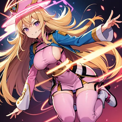 1 woman, waifu oppai, angry, smile challenging, long hair blonde with hair highlights pink, blue and pink eyes, gold and white militar clothes, kawaii, militar, with hat general, full body