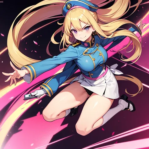 1 woman, waifu oppai, angry, smile challenging, long hair blonde with hair highlights pink, blue and pink eyes, gold and white militar clothes, kawaii, militar, with hat general, full body