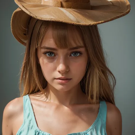 1girl, cute blonde girl, hair bangs, cowboy hat, brown cowboy dress, brown dress, cyan eyes, ultra realistic soft skin, extreme detail, high masterpiece, 8k, photography, studio light, ultra realistic lighting, high realistic ray tracing, RAW photo, photo ...