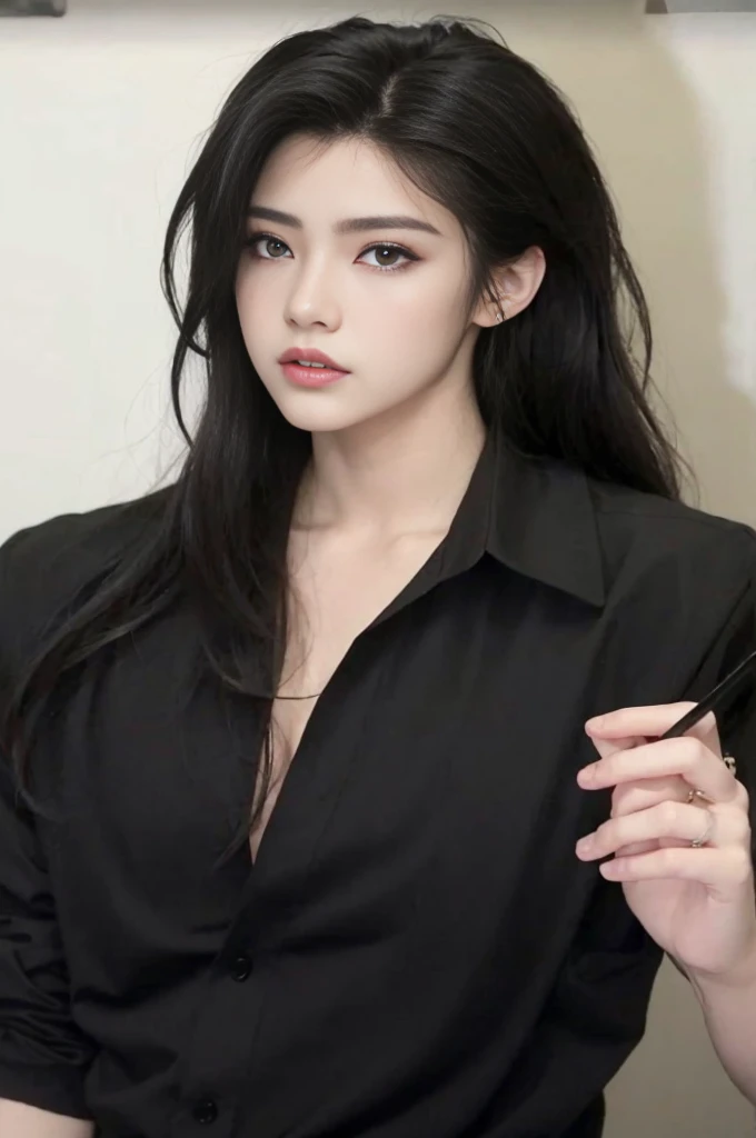 un primer plano de una mujer con una camisa negra sosteniendo un cuchillo, beautiful androgynous prince, androgynous vampire, attractive androgynous humanoid, cai xukun, tifa lockhart, con su largo cabello negro, delicate androgynous prince, xianxia de cue...