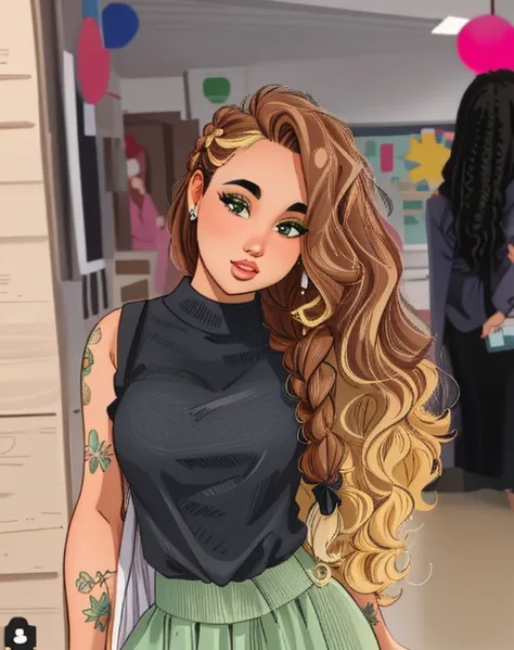 a woman with Cabelo longo e cacheado wearing a black top and green skirt, long braided curly hair, long braided curly brown hair, long curly blonde hair braided, Mulher de 30 anos de Cuba, Cabelo longo e cacheado intricate, cabelo loiro sujo e cacheado, wi...