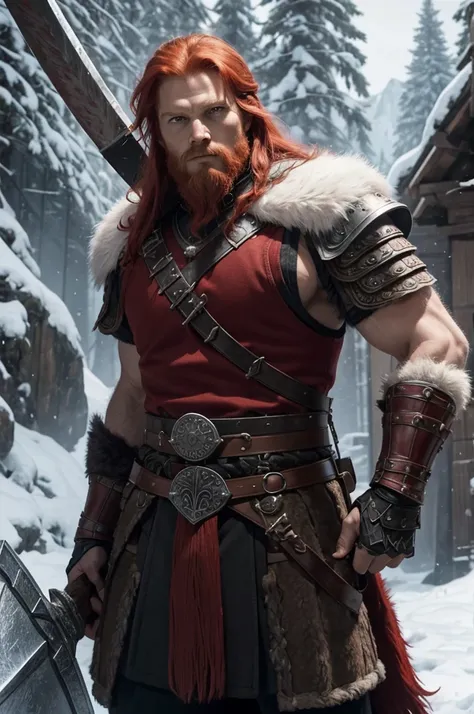 a tall red-haired viking with armor he has a cuirass covering it is made of wolf fur with an ax kept on his back, A sword in your hands, realista, arte digital premiada, Energetics, insanamente detalhado 1.5, foto de corpo inteiro, 20 mega pixels, canon EO...