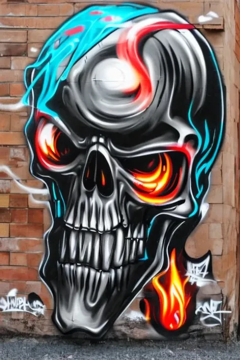 graffiti character flaming skull