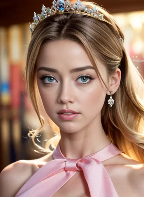 AMBER HEARD BARBIE 35 years old with TIA and pink dress on her head, Retrato cuerpo completo de Barbie, barbiecore, animated barbie doll, princesa de pelo rubio, Princesa de la Inteligencia Artificial, Hermosa princesa femenina, Barbie, Una hermosa princes...