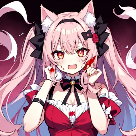 Cat ear，1 girl， Shy，Hold the cheek flower hair accessory，covered by skadler，maniac，Blood-colored pupils without protruding pupils，，sneering，Rivers of blood flow，corpses everywhere，Laughter，despair，In a frenzy，dying