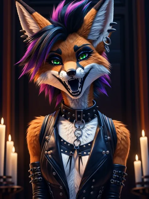 (best quality,4k,8k,highres,masterpiece:1.2),(furry; anthro fox), ultra-detailed,sexy,goth makeup,edgy punk hairstyle,detailed e...