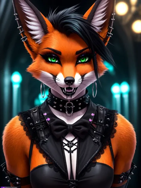 (best quality,4k,8k, highres, masterpiece:1.2), (furry; anthro fox), ultra-detailed, ((horny)), sexy, goth makeup, edgy punk hai...