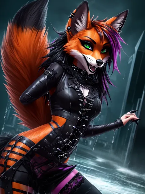 (best quality,4k,8k, highres, masterpiece:1.2), (furry; anthro fox), ultra-detailed, dynamic pose, ((horny)), sexy, goth makeup,...