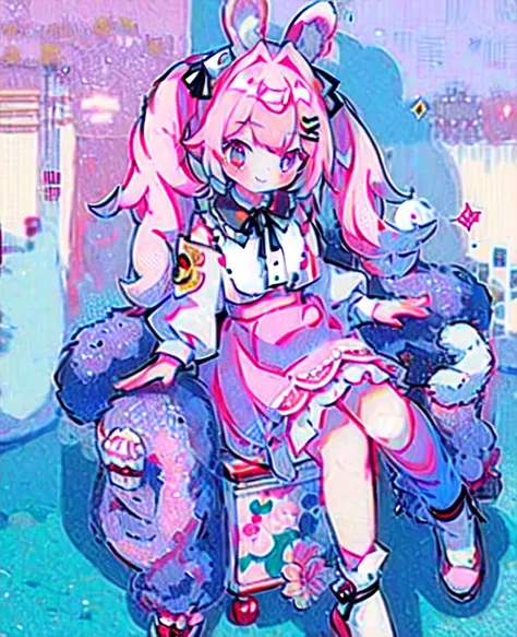 1 girl in, Pink hair, long twintails, Pink shirt, puffy collar, White fluffy skirt, White ribbon on hair, Lots of hair accessories, Lolita, full body lesbian, Rabbit ears, a smile