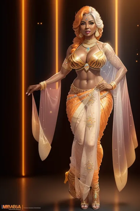 1female, hologram of a mature 50-year-old indian ifbb bimbo milf, dark skinned, white hair, orange hair, intricate sheer iridescent sari, sparkling crystals, shiny gold bra, glowing neon heels, tiger stripes print, detailed face, lipstick, thick lips, deta...