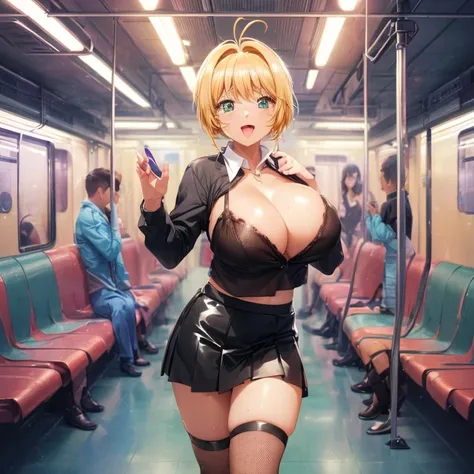 Hi res, masterpiece, 8k, nsfw, train, night, sakura kinomoto, (gigantic tits: 1.4), (dense pubic hair: 1.4), (see-through black top: 1.4), (red latex skirt: 1.4), (black fishnet stockings: 1.4), (black high heels: 1.4), lewd face, erotic smile, (she stand ...