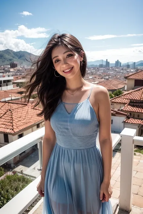 girl 20 years old, con alas, cabello corto, vista trasera, vestido transparente, fondo el cielo y nubes, sonriente. 