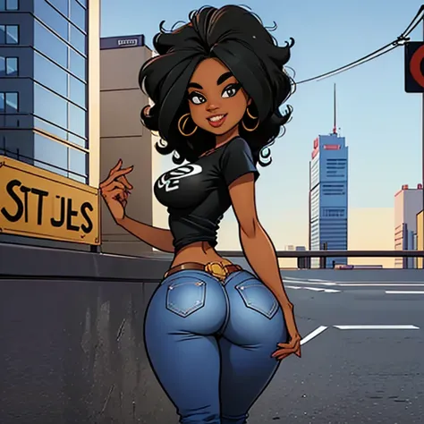 Masterpiece, 1 girl, Black beautiful woman in her twenties, with huge boobs, slim, with a tiny Waist and a round ass. Wearing jeans and a t-shirt that says Black Lives Matter. She has abundant curly hair, big blue eyes, small nose and full lips and playful...