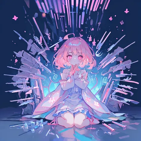 masterpiece, (1 girl), close up, big eyes, kawaiitech, best quality,Deep background, Symmetrical, Tilted head，fair skinned，Bright pink swimsuit，White liquid sputtering，(((knife))), Blood,arms_up，Blood splattered on clothes，浑身是Blood，barefoot，wet，splashing w...