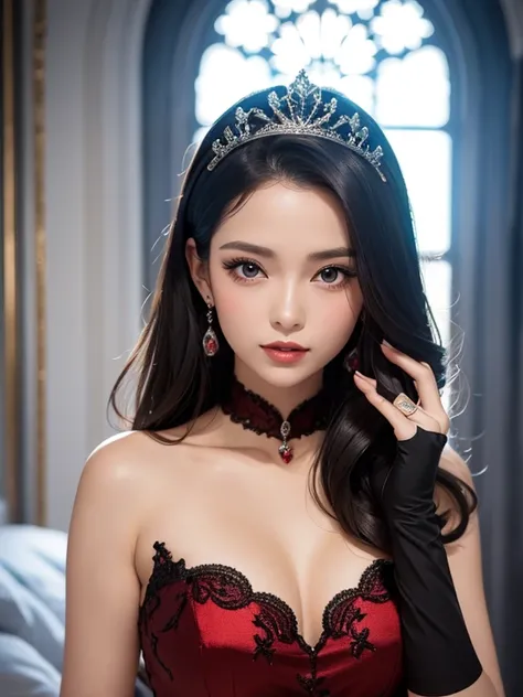 1woman, gorgeous evening dress , red and black, glossy fabric, delicate designed tiara, classy gloves, excellent beauty, ultra delicate skin texture, glossy lips, photo real, top quality, 