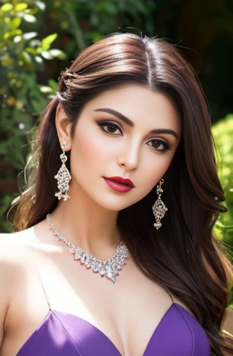 Lebanese woman, diamond dangling earrings, necklace, bracelets, small breasts, 40 years old, smokey eyes, cleavages, red lips, innocent face, light purple fashion ball gown, stylish hairstyle, posing, modeling, garden background, sunshine