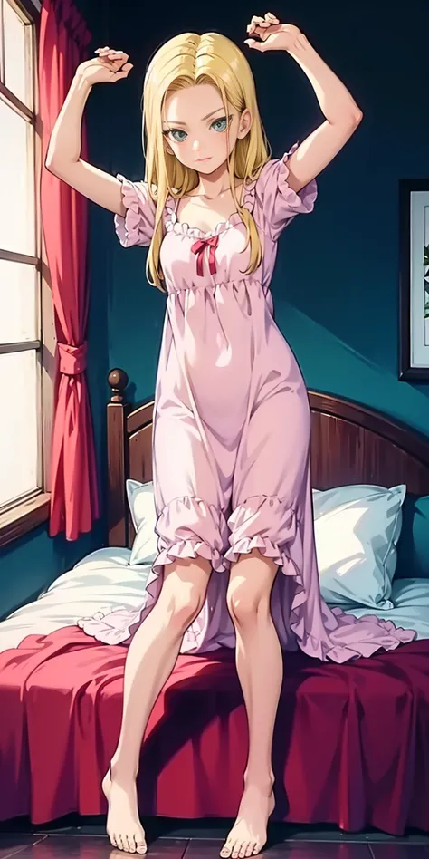 1girl, sitting on red bed , arms raised in the air , front view, cute, android 18, blonde hair, shor hair, wearing pink nightgown
