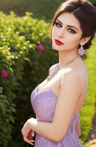 Lebanese woman, diamond dangling earrings, necklace, bracelets, small breasts, 40 years old, smokey eyes, cleavages, red lips, innocent face, light purple fashion ball gown, stylish hairstyle, posing, modeling, garden background, sunshine, sunset