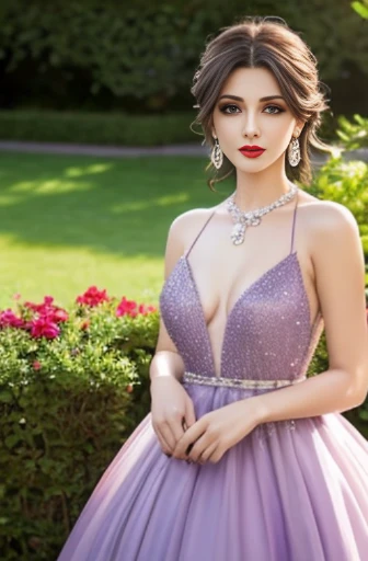 Lebanese woman, diamond dangling earrings, necklace, bracelets, small breasts, 40 years old, smokey eyes, cleavages, red lips, innocent face, light purple fashion ball gown, stylish hairstyle, posing, modeling, garden background, sunshine, sunset