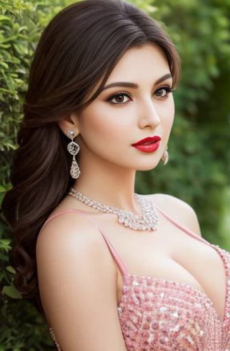 Lebanese woman, diamond dangling earrings, necklace, bracelets, small breasts, 40 years old, smokey eyes, cleavages, red lips, innocent face, pink fashion ball gown, stylish hairstyle, posing, modeling, garden background, sunshine, sunset, portrait