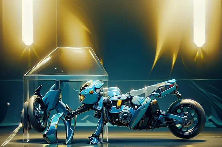 Ultra high resolution, extremely detailed raw photograph, close-up,  (half transformation), human blue gold motorcycle shiny smooth liquid metal motorcycle hybridization metamorphosis, in garage, (half human), ((liquid polyvinyl goo partial encasement)), h...