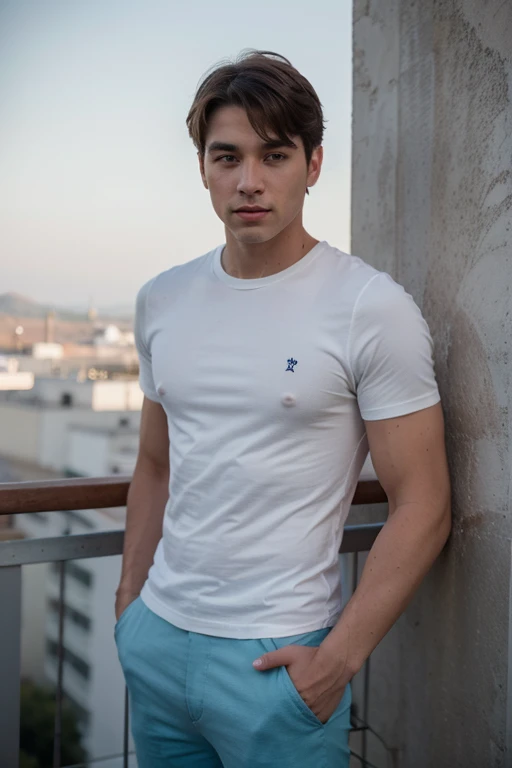 Male 24 years old, piel blanca morena, cabello corto, cabello negro rojizo, cabello ondulado, ojos azules, cuerpo delgado, hombros anchos, abdomen poco marcado, pectorales marcados, brazos marcados, camisa de botones, light blue pants on terrace