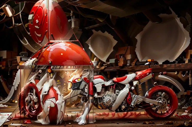 Ultra high resolution, extremely detailed raw photograph, close-up,  (half transformation), human motorcycle shiny smooth liquid metal motorcycle hybridization metamorphosis, in garage, (half human), ((((red white)))), ((liquid polyvinyl goo partial encase...