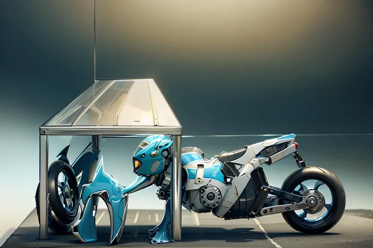 Ultra high resolution, extremely detailed raw photograph, close-up,  (half transformation), human blue gold motorcycle shiny smooth liquid metal motorcycle hybridization metamorphosis, in garage, (half human), ((liquid polyvinyl goo partial encasement)), h...