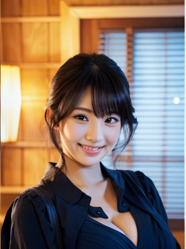 high resolution、realistic images、Cute Japan Woman、26 years old、shortcut、exposed chest、medium chest、Cleavage、A glimpse of her dark blue bra、cute smile