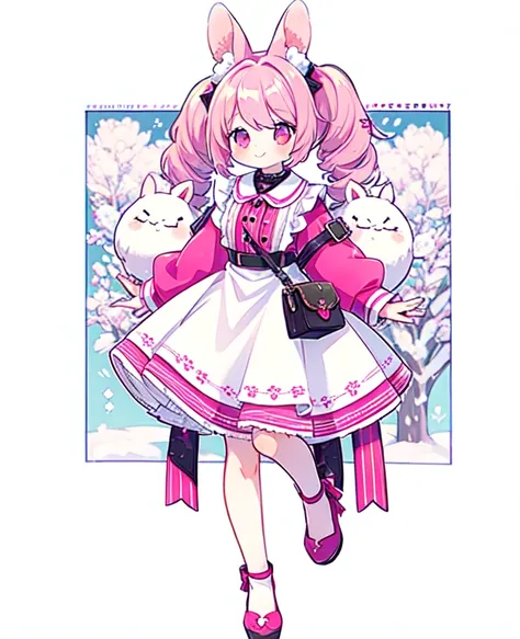 1 girl in, Pink hair, long twintails, Pink shirt, puffy collar, White fluffy skirt, White ribbon on hair, Lots of hair accessories, Lolita, full body lesbian, Rabbit ears, a smile