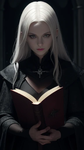 ((materpiece)), ((best quality)), ((cinematic lighting): 1.0), ((medium.shot): 1.0)A Witch, white hair, pale skin, red eyes, holding an open grimoire.  Behind her, several demonic creatures peer at the book, preparing to leave their hellish prison.