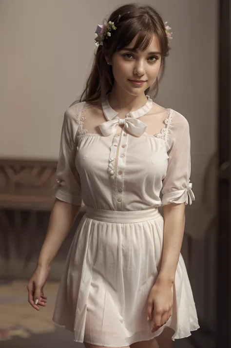 Medium view, medium shot, Depth of bounds written, bust, Upper body, cinematic angle, masterpiece, highest quality, Super detailed, cg, 8k wallpaper, beautiful face, delicate eyes, maiden, alone, smile, bangs, skirt, shirt, have, dress, bow, petal, bouquet