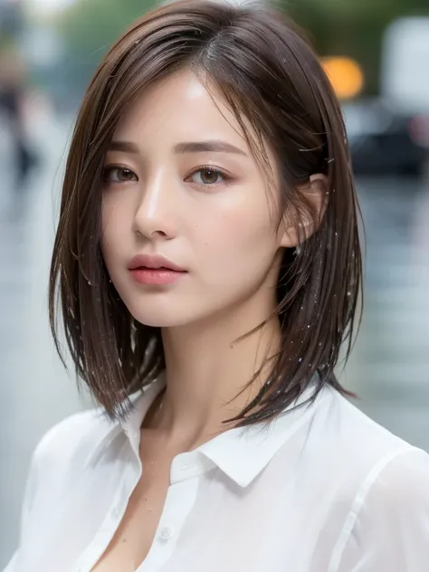 ((Best Quality, 8K, Masterpiece: 1.3)), Sharp: 1.2, Perfect Body Beauty: 1.4, Slim Abs: 1.2, ((Layered Hairstyle, Big Breasts: 1.2)), (Wet White Button Long Shirt: 1.1), (Rain, Street: 1.2), Wet: 1.5, Highly detailed face and skin texture, detailed eyes, d...