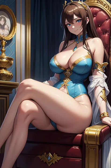 one Rebecca in blue lingerie with gold accents, sitting on a throne, long brown hair, blue eyes, large boobs, sexy hourglass figure, sadistic but seductive smile, extremely detailed artgerm, beautiful alluring anime woman, seductive anime girl, detailed di...