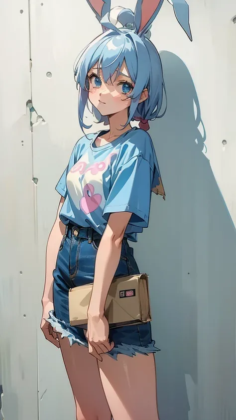 a woman wearing a white shirt and a denim skirt with a blue wave,rabbit ears, intriguing outfit, kawaii shirt and jeans, anime vibes, cute casual streetwear, grunge aesthetic, casual clothing style, anime style, 90s aesthetic , with torn t-shirt - shirt, 9...