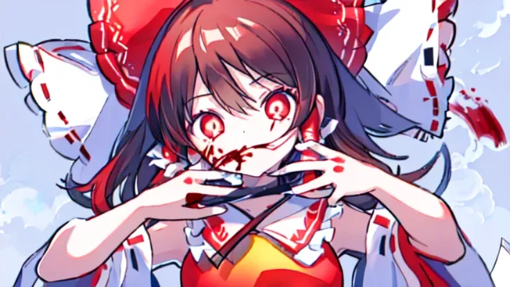 1 girl ,alone,Big head,Hakurei Reimu，lotion squirting，Bloodshot eyes，There  a knife in hand，There are corpses around，There  blood on the mouth，blood spatter，maniac，Blood-colored pupils without protruding pupils，covered in blood，barefoot，wet