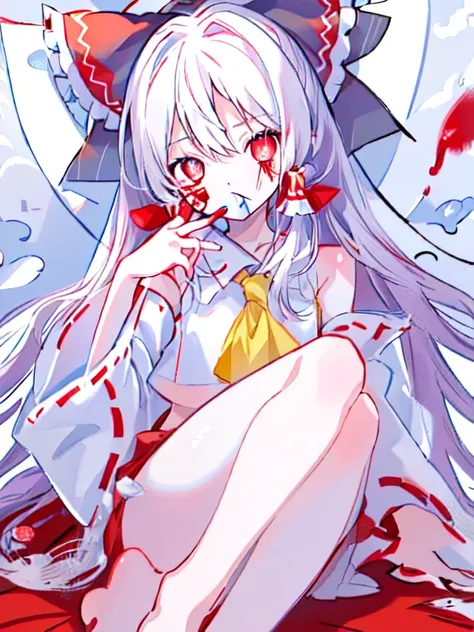 1 girl ,alone,Big head,Hakurei Reimu，Milky white liquid ejaculated，Bloodshot eyes，There  a knife in hand，There  blood flowing out from the corpse around you，There  blood on the mouth，blood spatter，maniac，Blood-colored pupils without protruding pupils，cover...