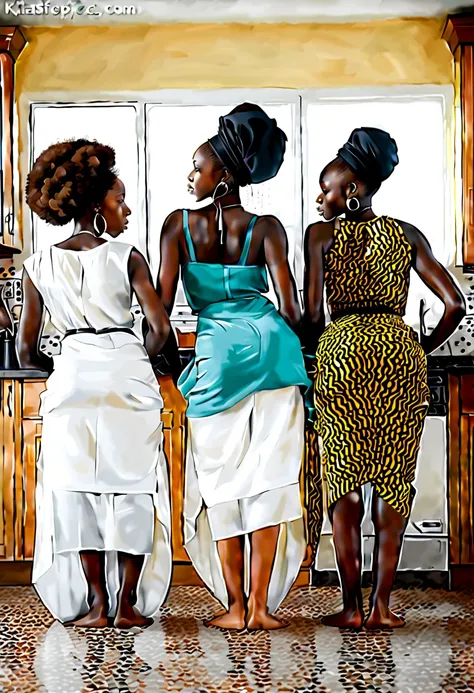 four african girls in a large kitchen, side by side, on all fours, from behind, masterpiece, 16k