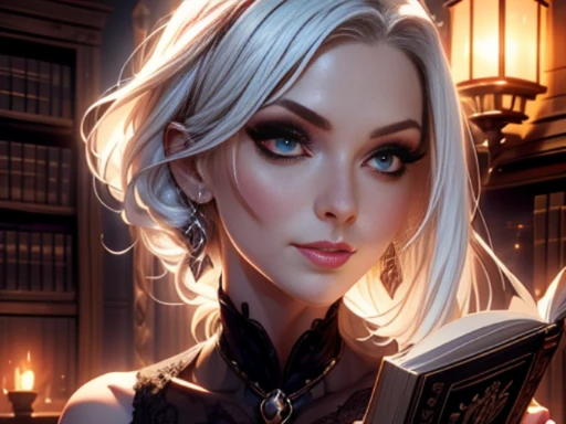 ((materpiece)), ((best quality)), ((cinematic lighting): 1.0), ((medium close-up): 1.0)A Witch, white hair, pale skin, red eyes, holding an open grimoire. Behind her, several demonic creatures peer at the book, preparing to leave their hellish prison.