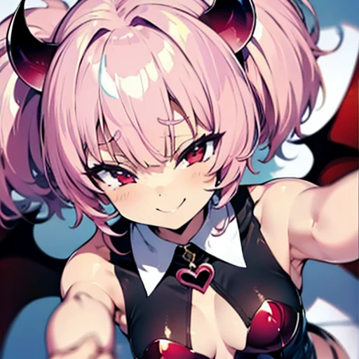 Succubus　pose of temptation　erotic body　　cute face　fascinating face　pose with arms outstretched　heart mark　slight smile　pink hair　eyes are hearts　4-arm　charm magic　angle from above