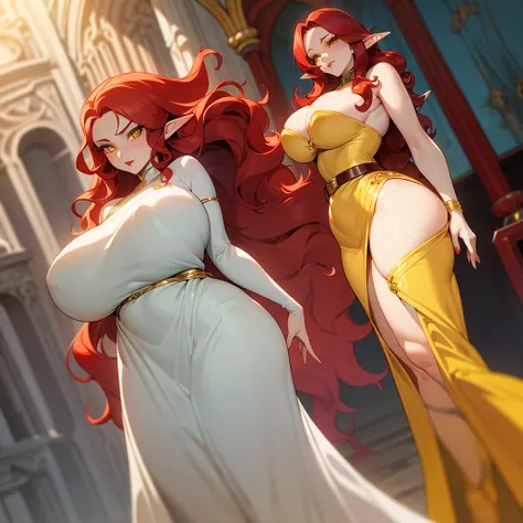 ((I want an elf woman milf, with wavy red hair and cold yellow eyes, curvy body, royal dress, a cold expression)),(((Alone)))