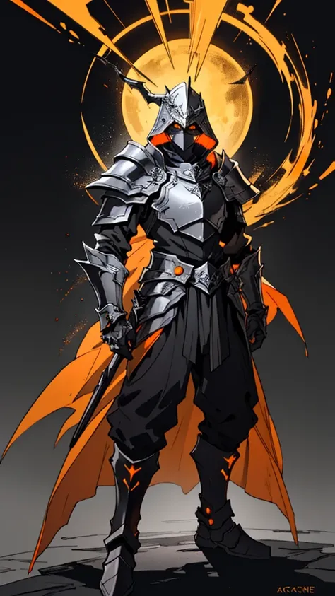 Man in a yellow hat, gray mask with orange eyes, arcane armor and arcane armor on his shoulders and arcane blazes on his wrists, arcane pants, arcane boots, arcane lighting on the armor, black background, anime style and lights on the arcane armor 